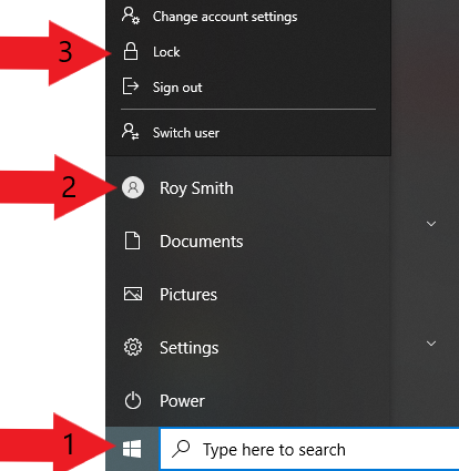 A step by step visual guide. Arrow number one is pointing to the Windows Start Menu, in the bottom left corner of the computer screen. Arrow number two pointing to the profile icon, arrow number three pointing to the Lock button.
