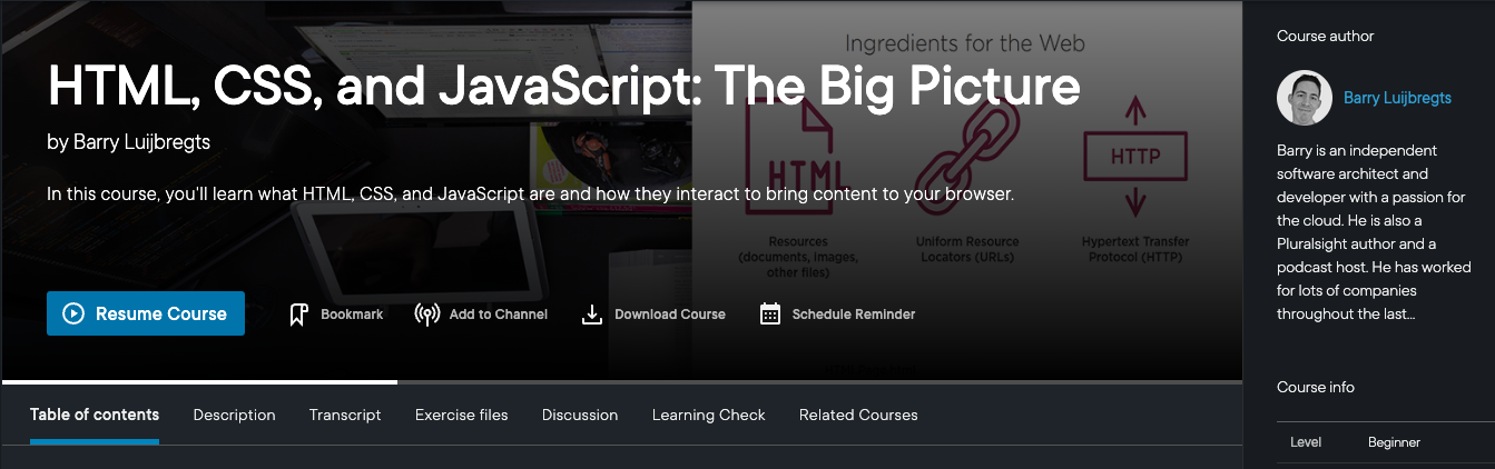 Screenshot of the course title page for HTML, CSS, and Java Script: The Big Picture
