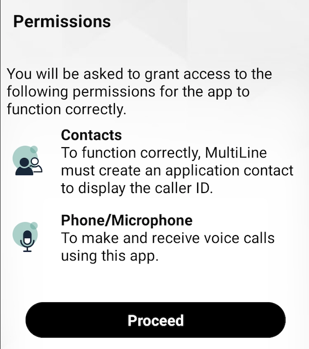 Permissions Screen requesting permission to access Contacts and Phone/Microphone and Proceed button