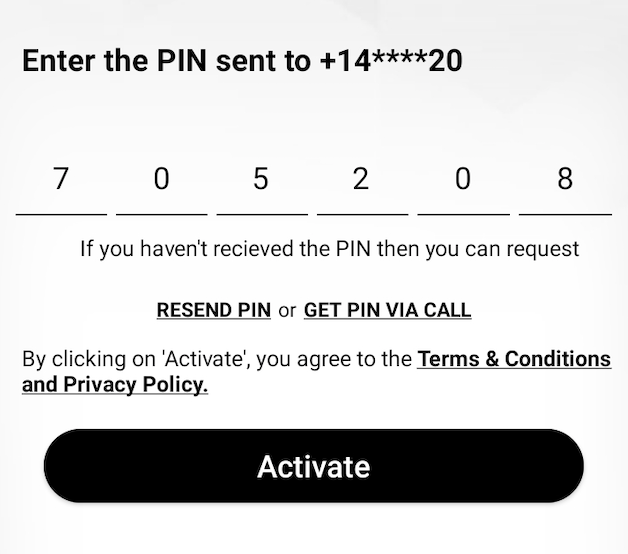 PIN Screen showing auto-detected PIN and Activate button