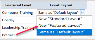 Featured event layouts dropdown options
