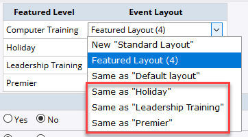 Event layout dropdown options