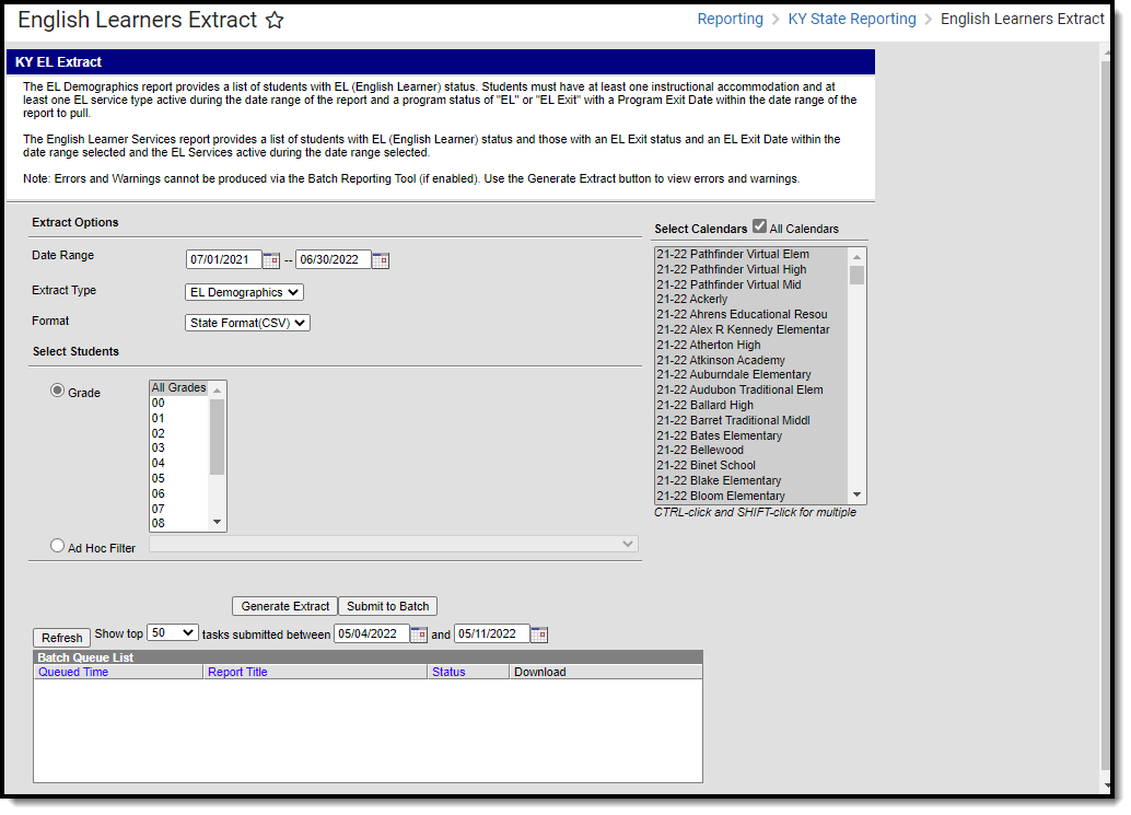 Screenshot of the English Learners extract editor.  