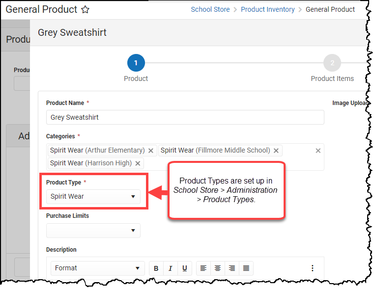 Screenshot showing where Product Types appear when setting up a product. The Product Type field is highlighted.