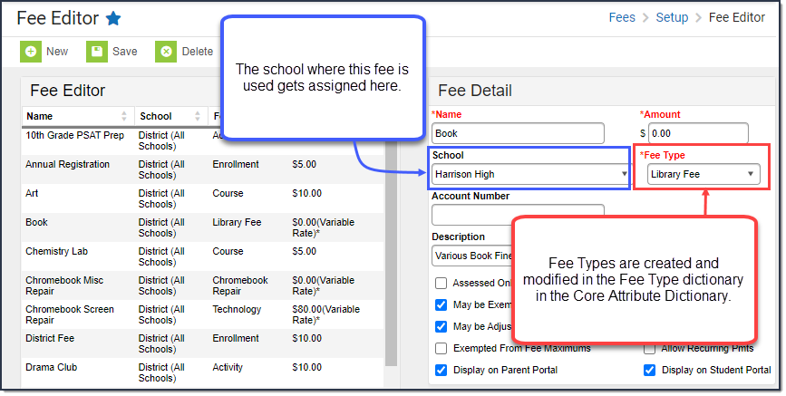Screenshot showing where Fee Types appear when creating a new fee. The School and Fee Type fields are highlighted.