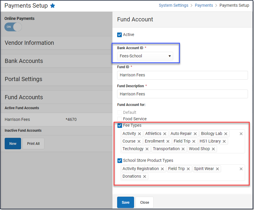 Screenshot showing how Fee Types and Product Types are assigned to a fund account using the Payments Setup tool.