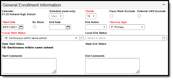 Screenshot of the General Enrollment Information section. 