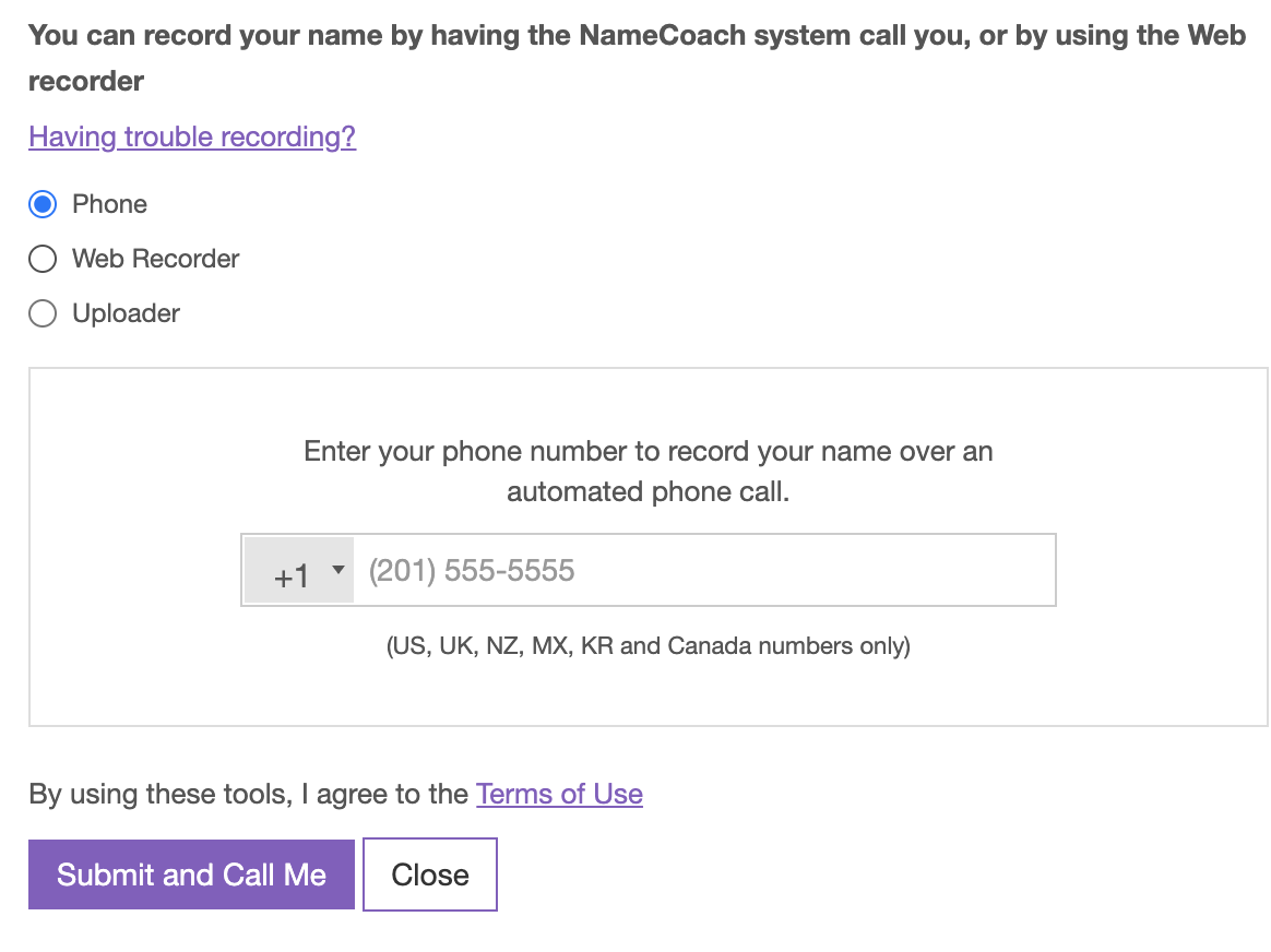 NameCoach phone recording options screenshot