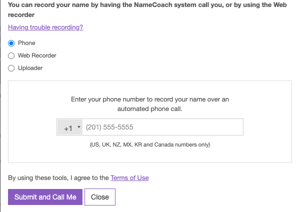 NameCoach option1 to Record Name by Phone