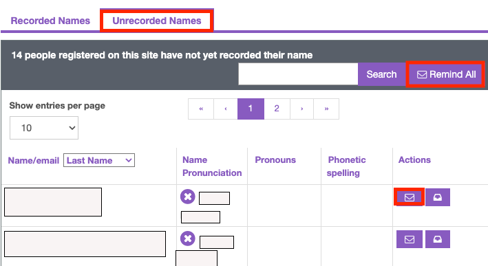 NameCoach Unrecorded Name tab