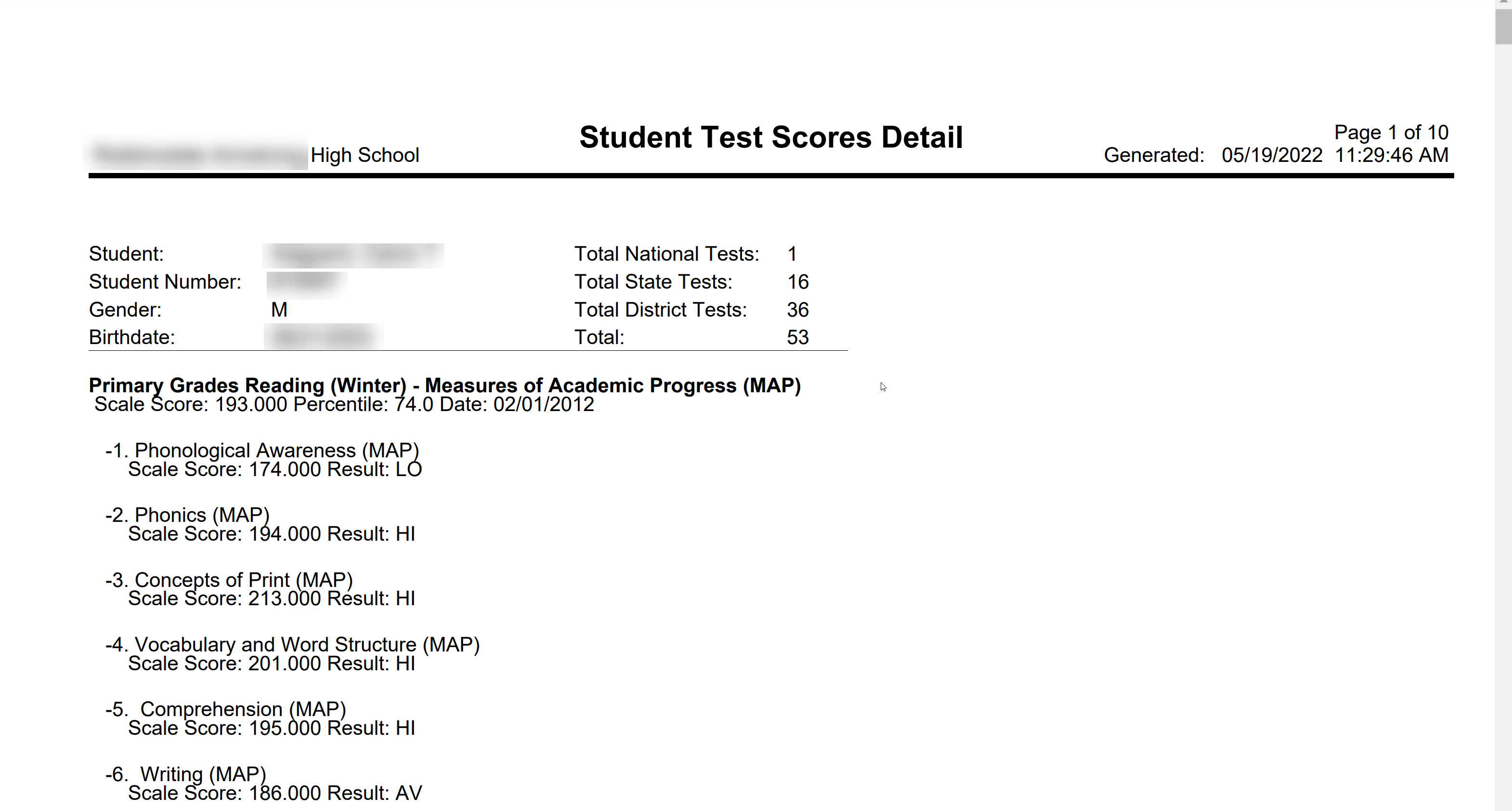 Screenshot of a printout of an example Student Test Scores Detail report in PDF format.