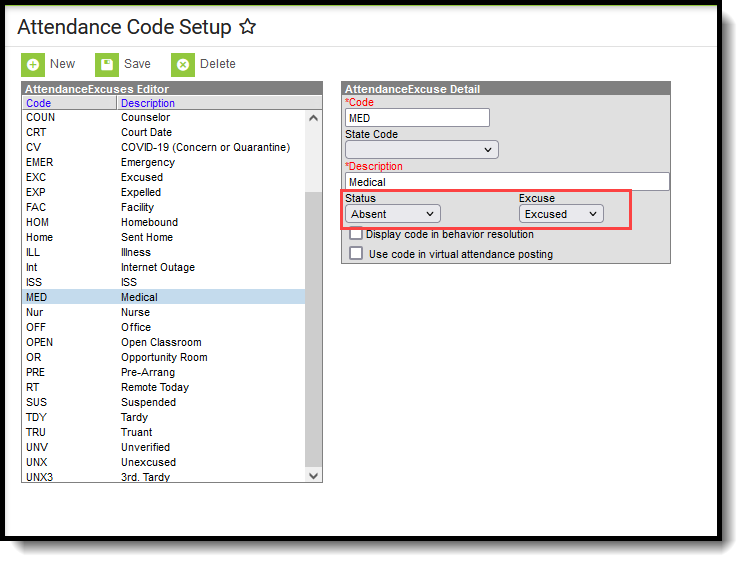 Screenshot of the Attendance Code Setup tool with the Status and Excuse fields highlighted. 