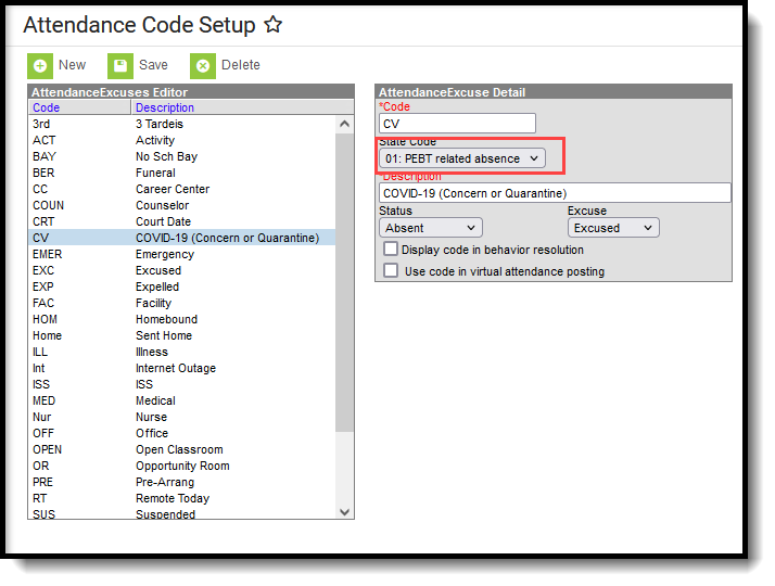 Screenshot of the State Code field highlighted on the Attendance Code Setup tool.