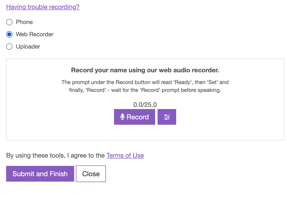 NameCoach web recorder options screenshot