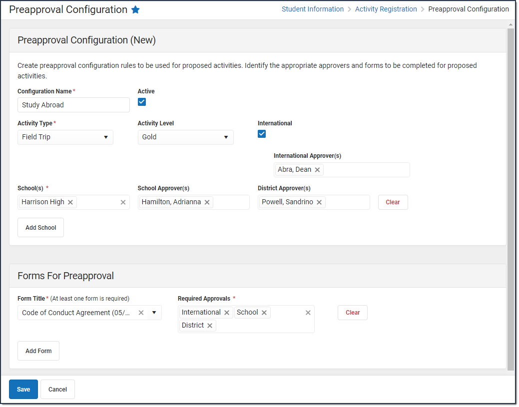 Screenshot of preapproval configuration