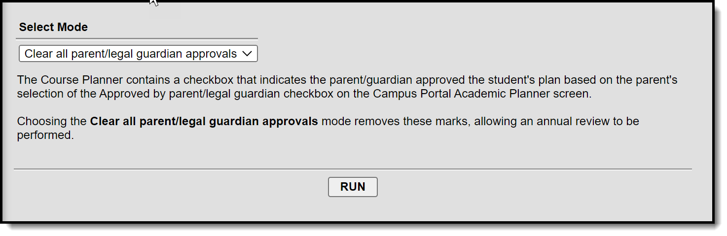 Screenshot of the tool with a mode of Clear all parent/legal guardian approvals selected. 