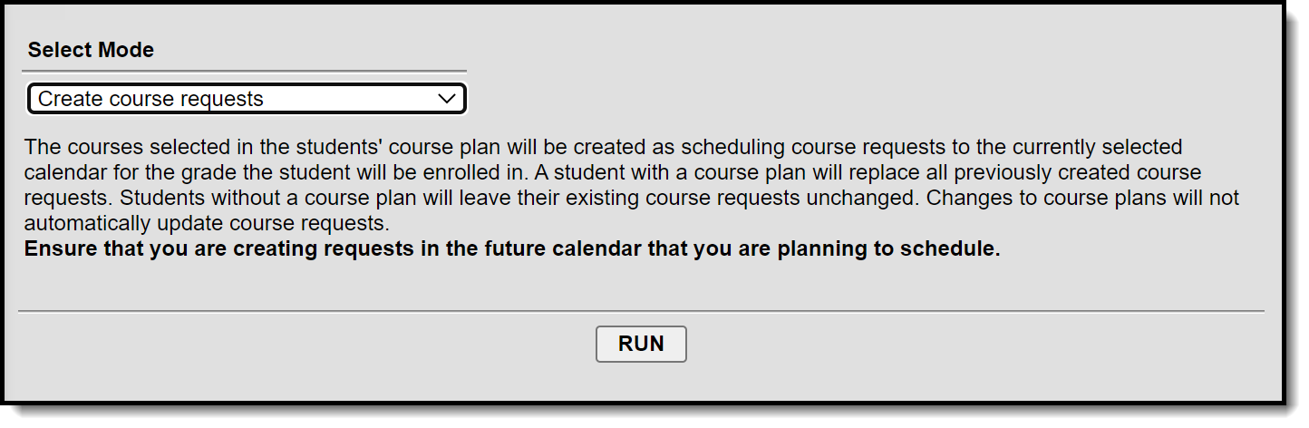 Screenshot of the tool with a mode of Create course requests selected. 