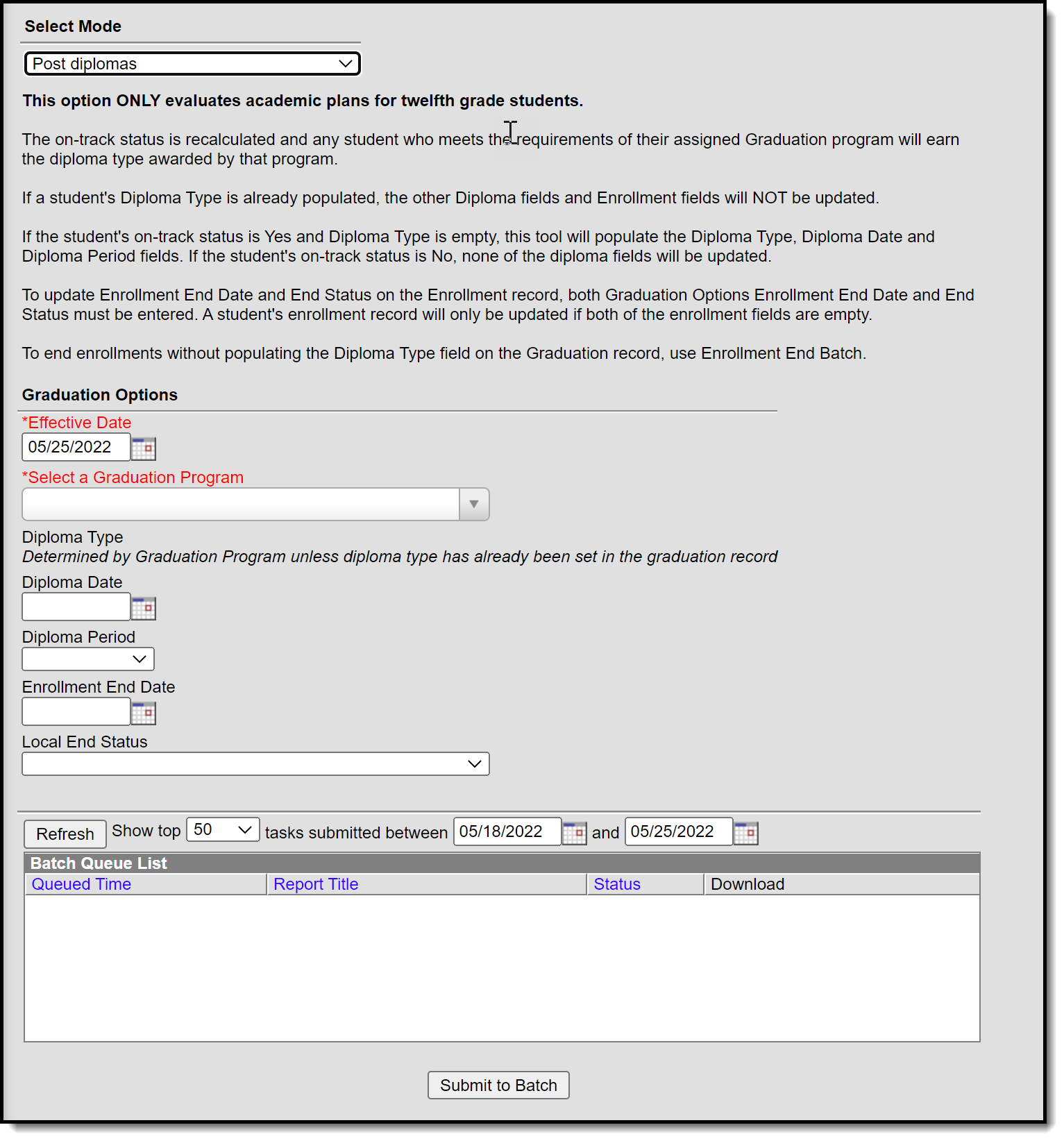 Screenshot of the tool with a mode of Post diplomas selected. 