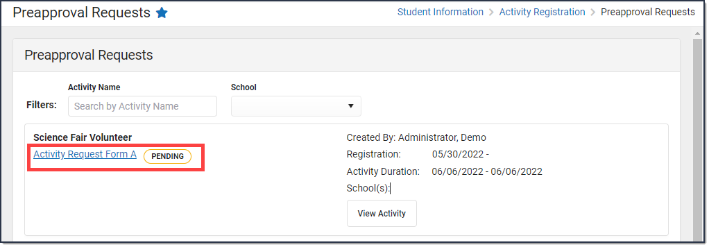 Screenshot of pending activity preapproval link