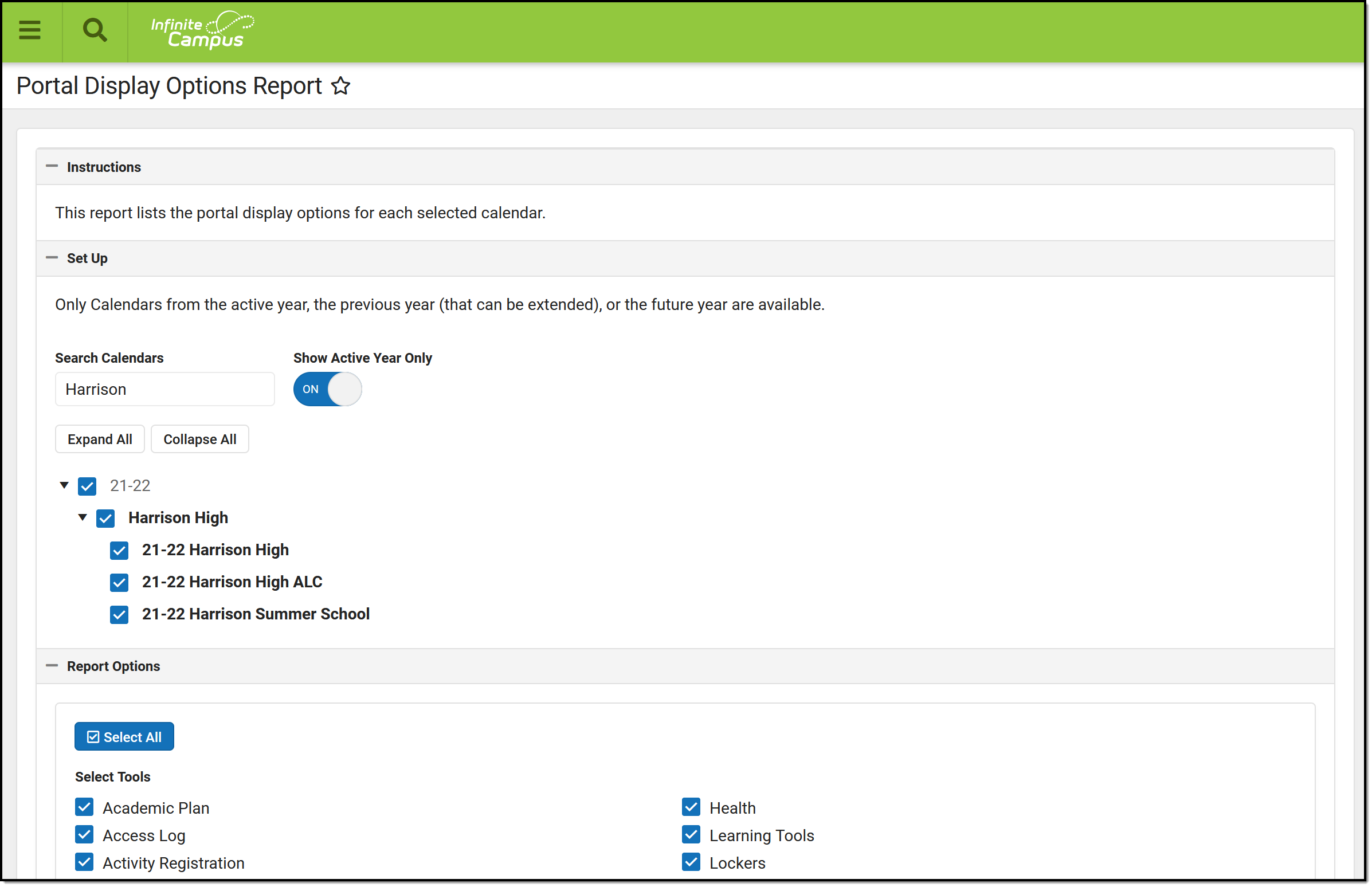 Screenshot of the Portal Display Options report editor. 