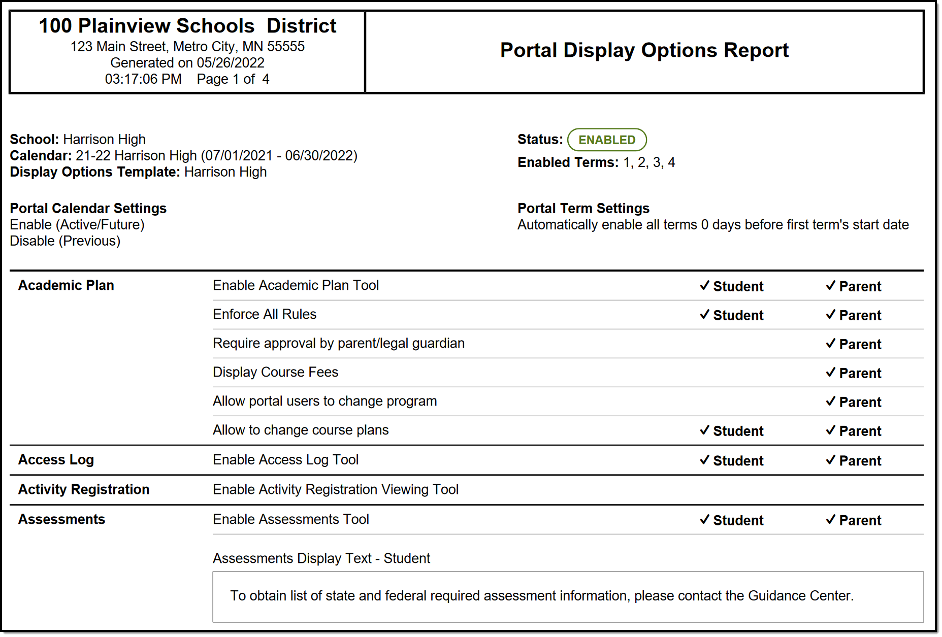 Screenshot of an example of the Portal Display Option report. 