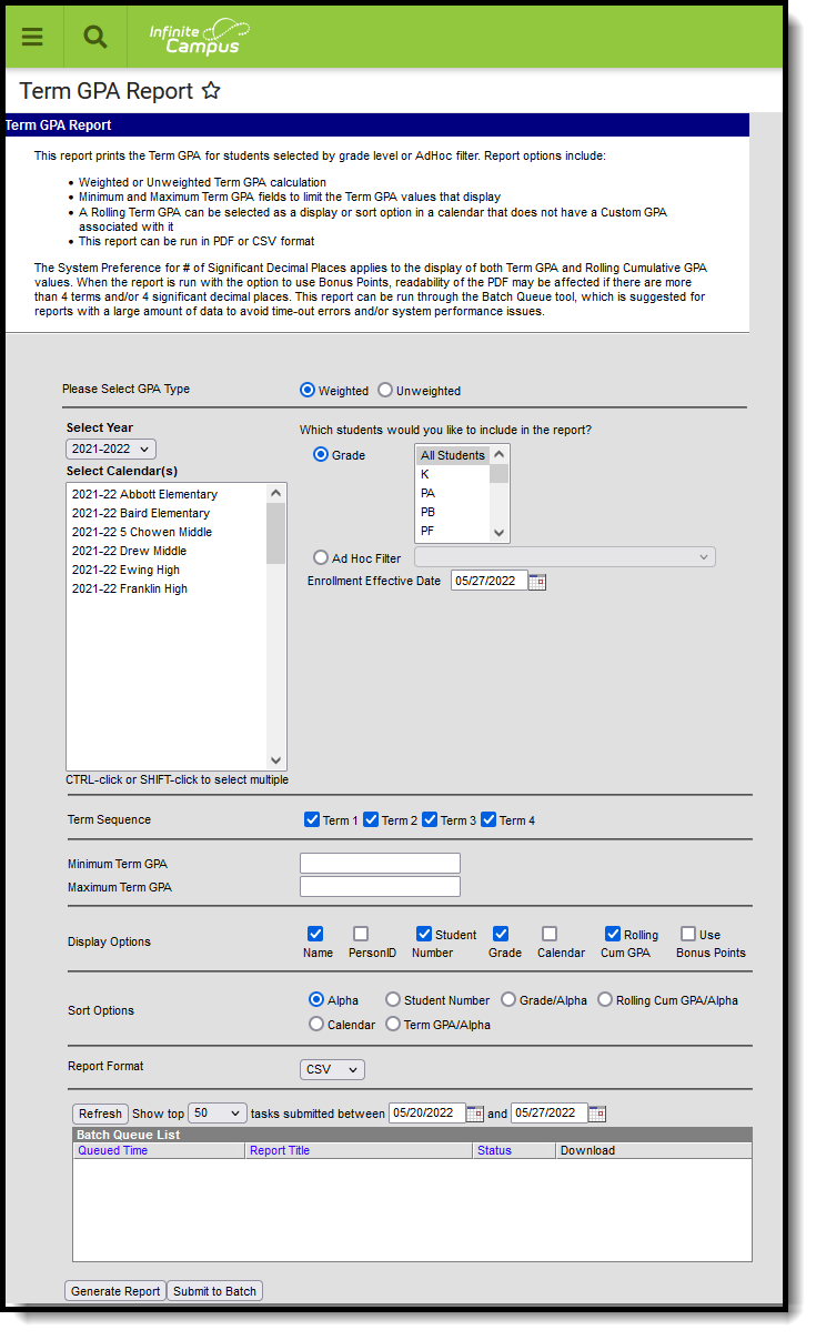 Screenshot of print options for Term GPA Report