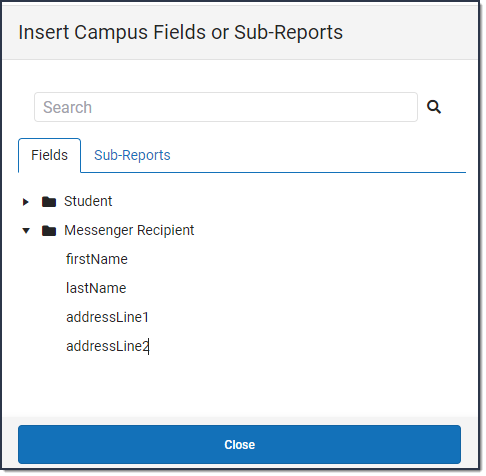 Screenshot of Campus Fields or Sub-Reports page