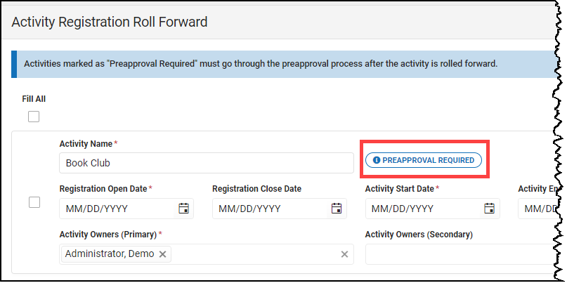 screenshot of an activity marked as preapproval required