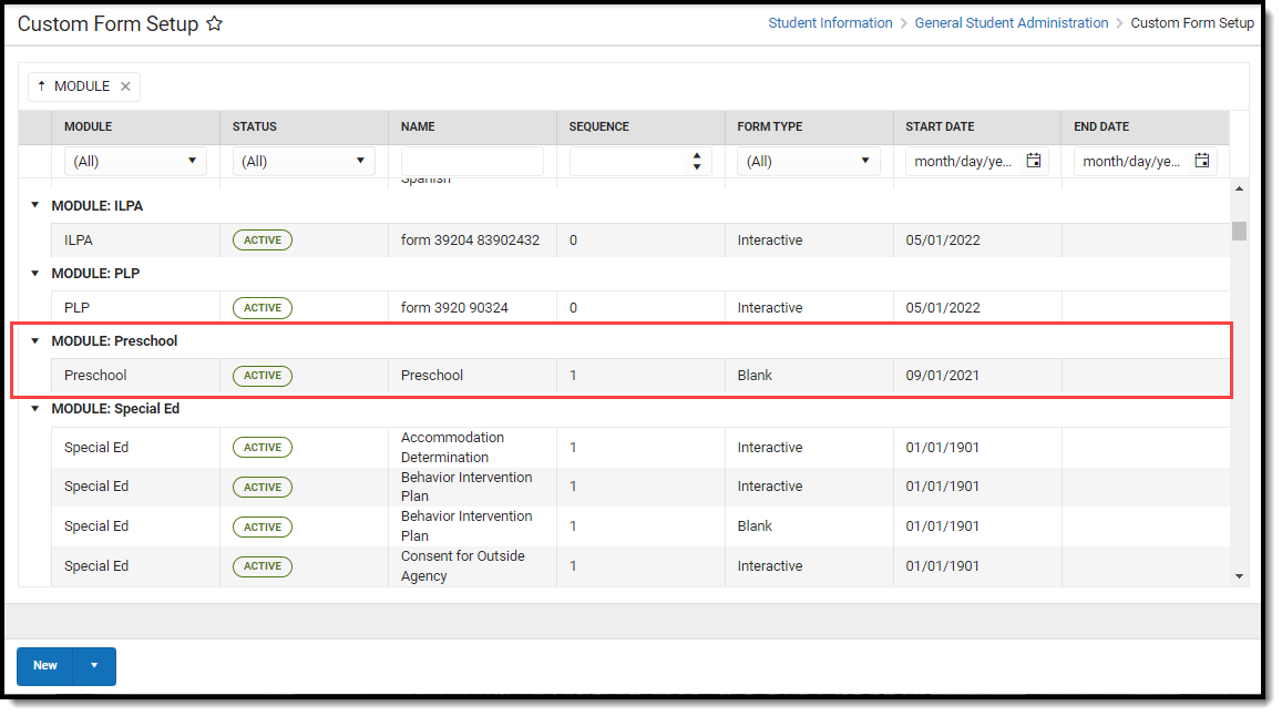 Screenshot of Custom Form Setup tool highlighting that the Preschool Documents module has been added to the Custom Forms tool.