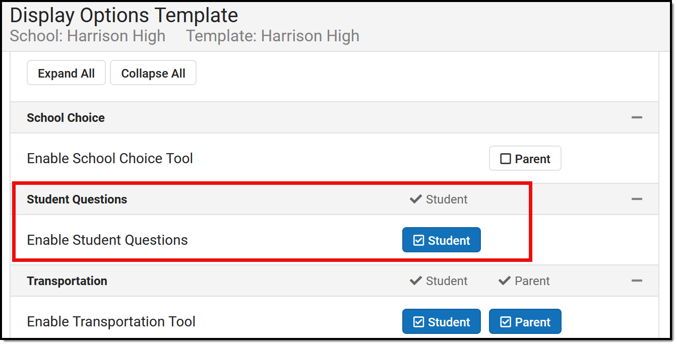 Screenshot of the Portal Display Options highlighting the Enable Student Questions option.