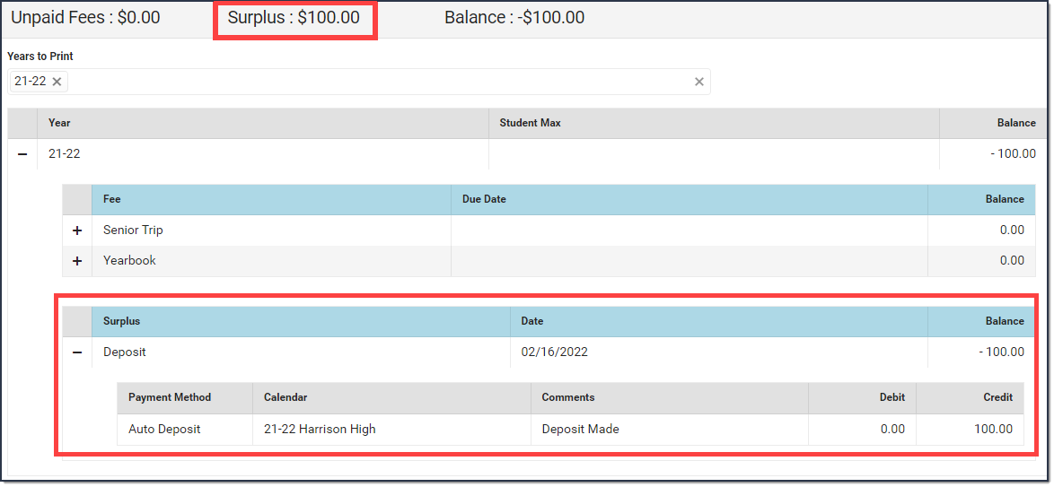 Screenshot showing a surplus. The surplus balance and the transaction that caused the surplus are highlighted.