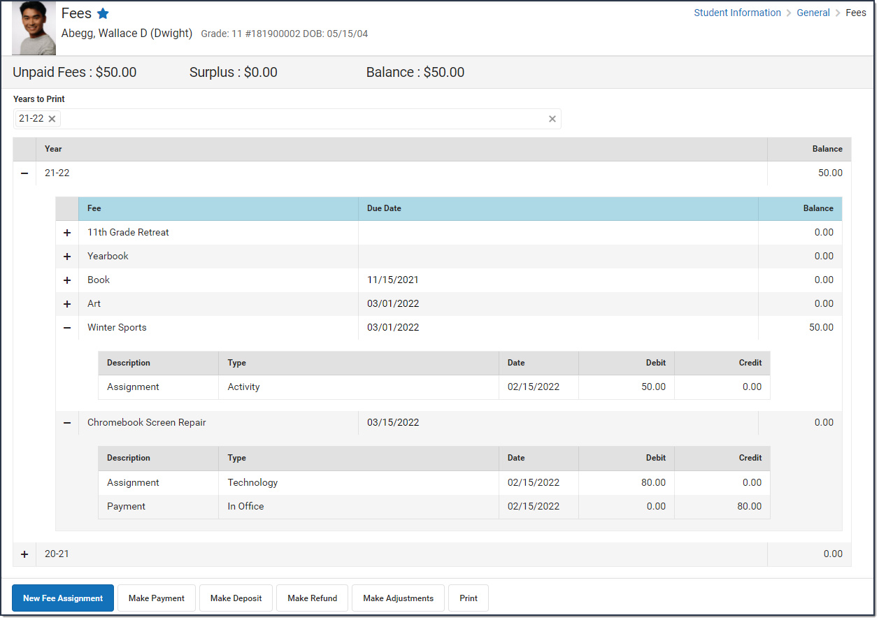 Screenshot of the Fees Editor displaying fee assignments and payments.