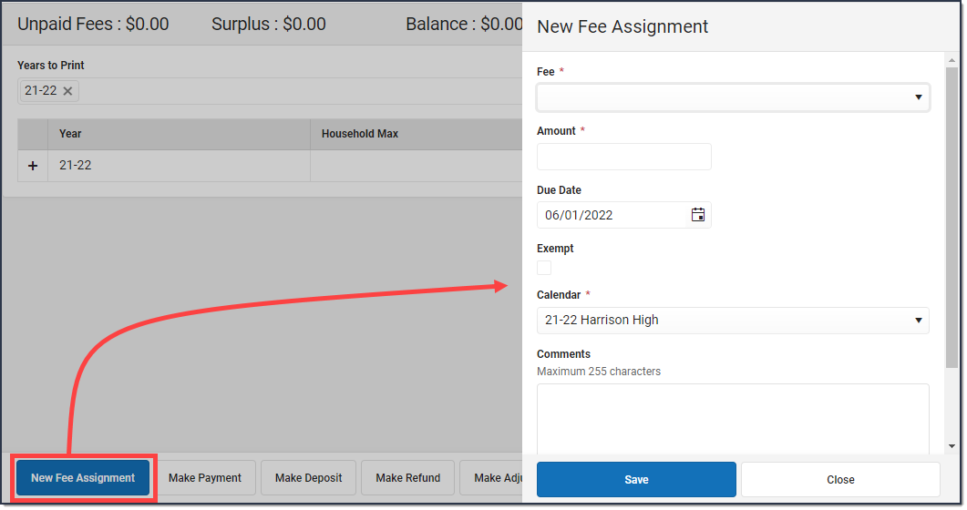 Screenshot of the panel that displays when the user clicks the New Fee Assignment button at the bottom of the screen.