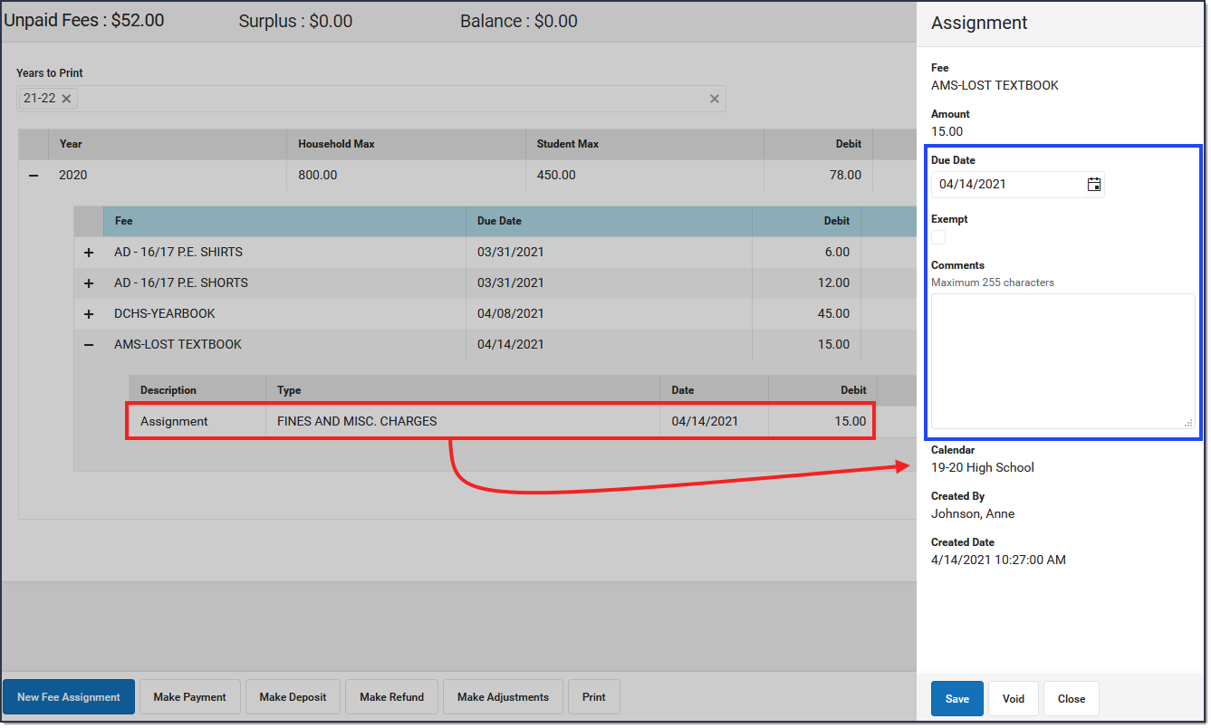 Screenshot of the panel that displays when the user clicks a fee assignment. Three fields can be edited in this panel.