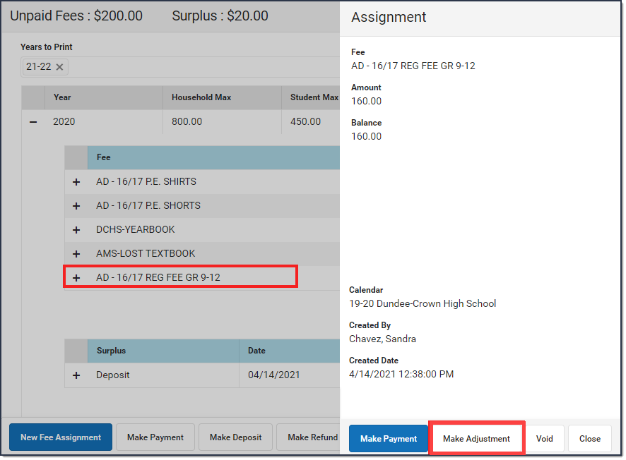 Screenshot of the panel that displays when the user clicks a fee assignment. The Make Adjustment button appears on the panel.