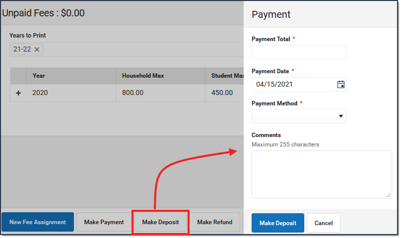 Screenshot of the Payment panel that displays when the Make Deposit button is clicked.