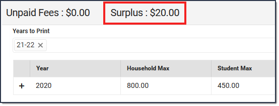 Screenshot of the Fees tool where the Surplus is highlighted.