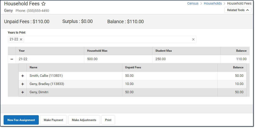 Screenshot of the Household Fees tool with three fees assigned to this family.