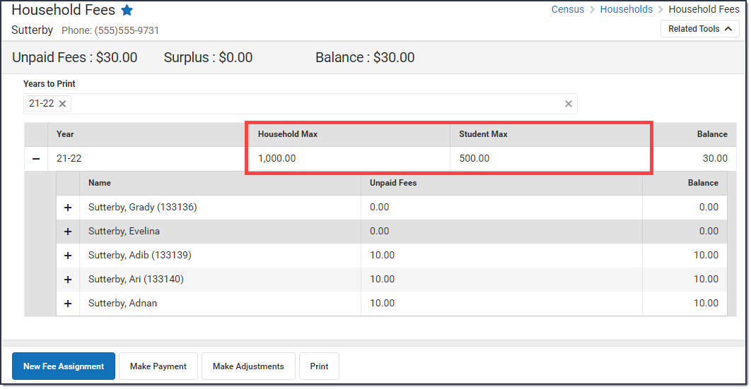 Screenshot of the Household Fees tool. The Household Max and Student Max are highlighted.