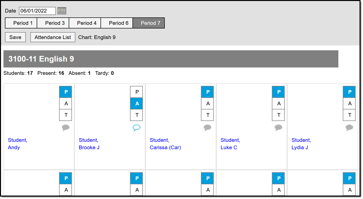 Screenshot of a seating chart used to take attendance. 