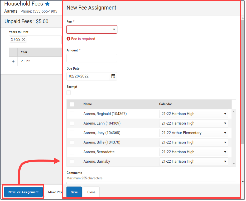 Two-part screenshot of the Household Fees tool and the New Fee Assignment window.