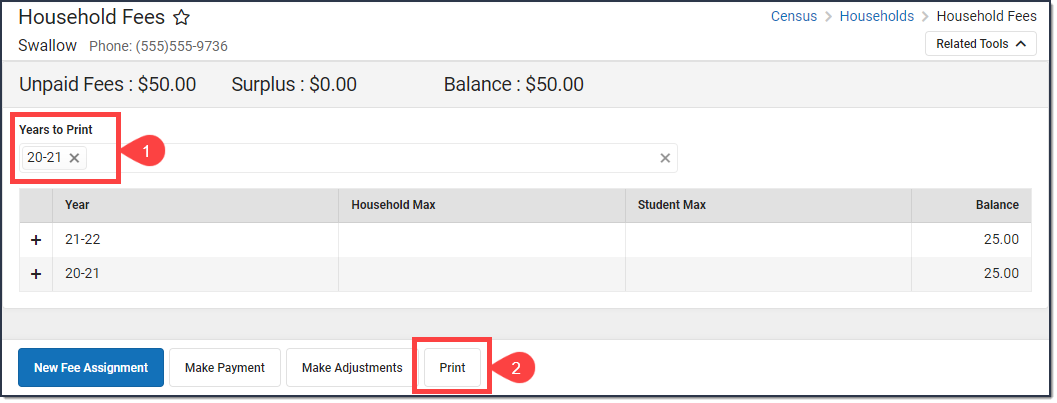 Screenshot of the Household Fees tool. The Years to Print and the Print button are highlighted.