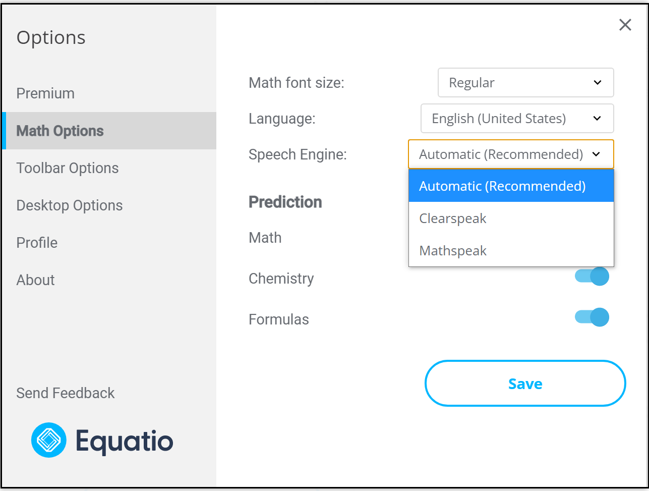Speech Engine Options for Equatio