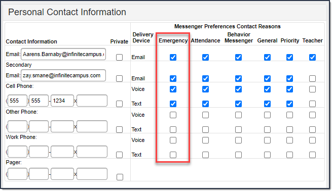 Screenshot of messenger preference contact reasons with emergency highlighted.