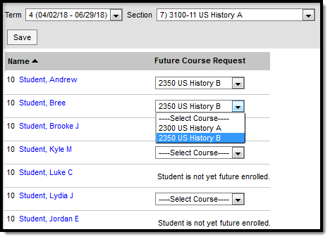 Screenshot of the Course Requests tool, with students listed and options shown for future courses. 