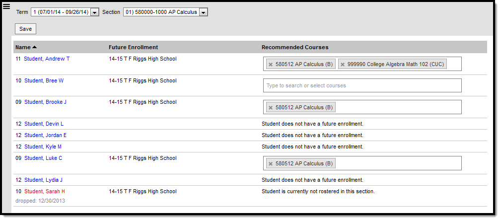 Screenshot of the Student Course Recommendations tool, which lists students in the section, their future enrollments, and fields to enter recommended courses for next year.