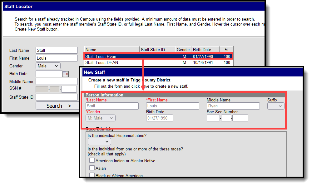 Screenshot of selectiong the staff person from the Staff Locator tool and the display of that staff person's Identity fields that cannot be edited. 