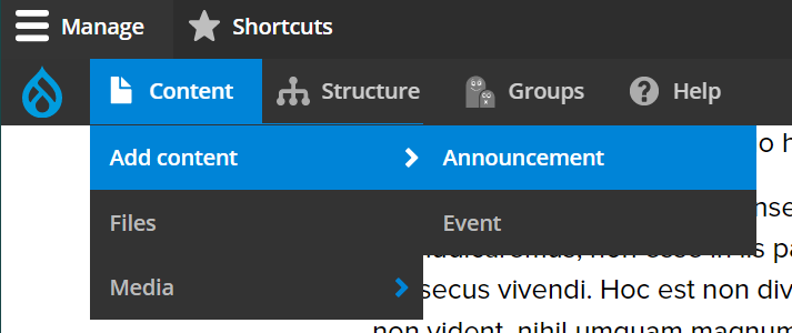 drupal toolbar with Content> Add Content> Announcement selected