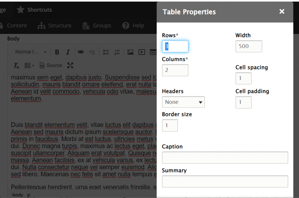 screenshot wysisyg table properties