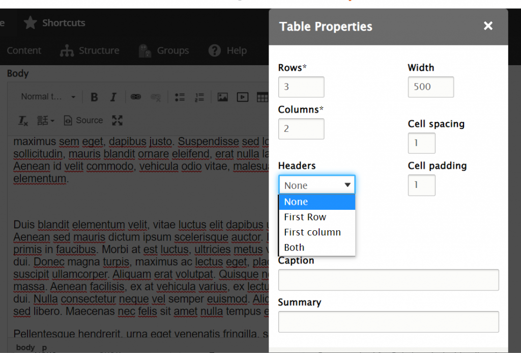 screenshot wysisyg table header options